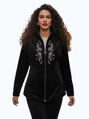 Alia Black Velvet Jacket Gold Paisley Embroidery Zip Up Size LP